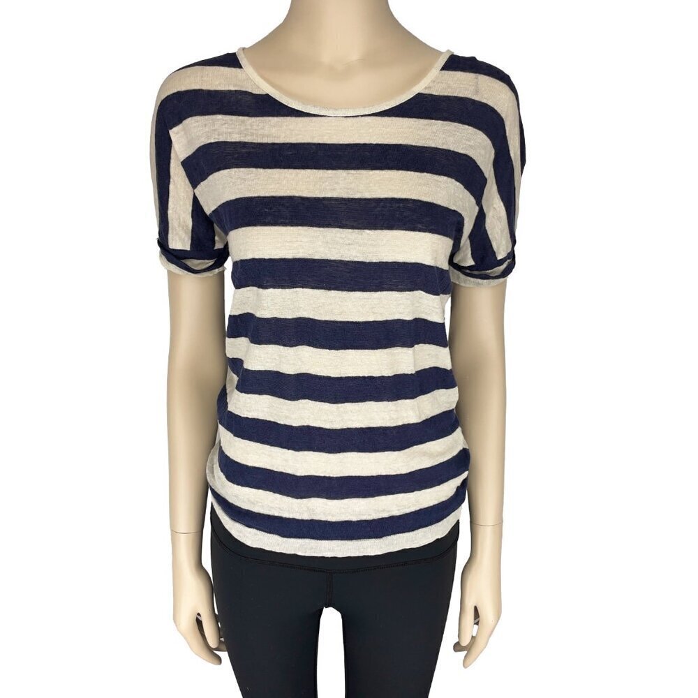 GERARD DAREL 100% Linen Boat Neck Classic Striped Navy White T-Shirt Top‎ sz 1